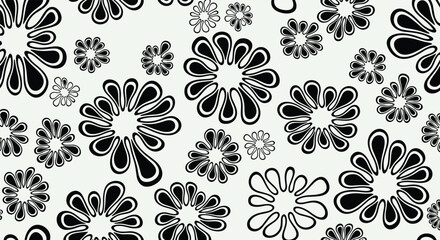 Abstract black and white floral pattern with a doodle style.