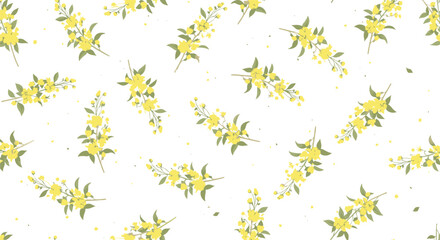 A whimsical pattern of delicate yellow flowers scattered across a white background.