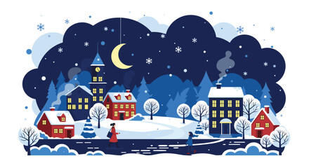 A cozy winter village scene under a starry night.