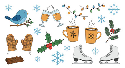 Cozy winter holiday elements with festive decorations and seasonal items.