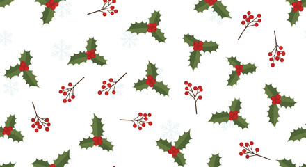 A festive pattern of holly leaves and red berries scattered across a white background with snowflakes.