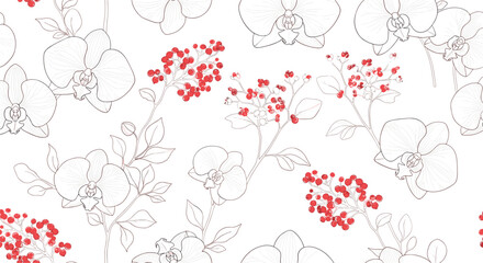 A delicate pattern of red blossoms and sketched leaves adorns a white background.