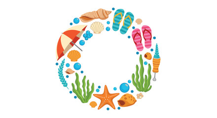 Circular wreath of beach and ocean elements.