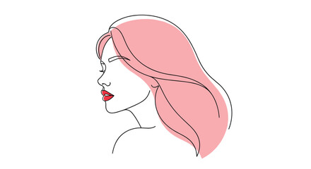 Stylized illustration of a woman with flowing pink hair and red lips.