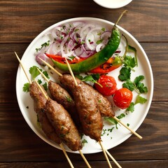 Homemade lula kebab with vegetables on wooden table