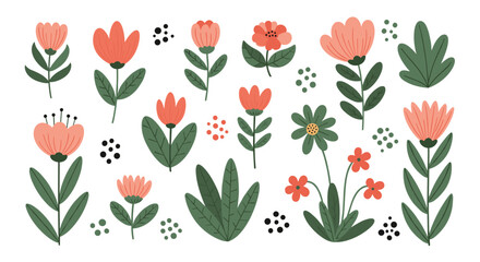 A collection of various stylized blooming wildflowers and leaves.