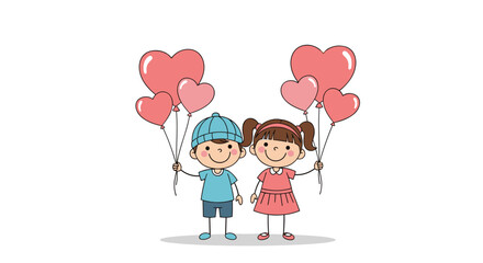 Two happy children holding heart shaped balloons on white background.