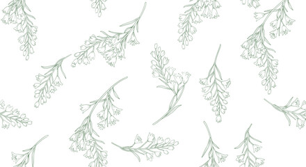 A delicate pattern of green leaves scattered across a white background.