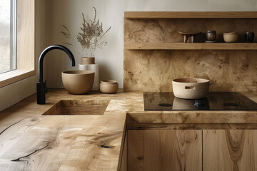 This Scandinavian kitchenette showcases light birch wood cabinetry and countertops, featuring minimalistic design elements and natural textures. Perfect for cozy cooking moments