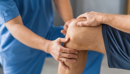 Physiotherapist Administering Healing Treatment On Patient'S Leg In Blue Uniform And Performing Osteopathy And Chiropractic Leg Adjustment.