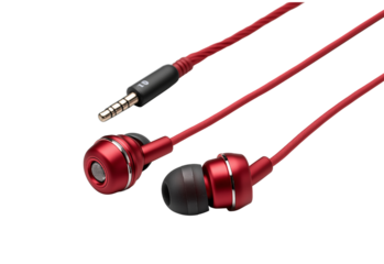 Red in ear headphones with long cord isolated on a transparent background