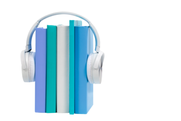 Books with headphones on isolated background. Audiobook concept. Listening to lectures, learning languages, podcast, voicing literature