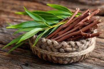 Natural willow bark extract concept — wicker basket with willow branches and leaves, symbol of herbal healing and purity.