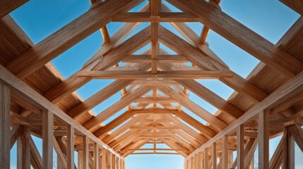 A wooden roof frame of a house under construction stands uncovered against the open sky. The structure highlights geometry, craftsmanship, and the beauty of raw materials in architecture.