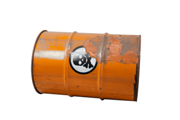 Barrel with toxic waste. Biohazard warning sign human skull with two crossed bones behind it. The symbol indicates that hazardous products death or poisoning. Rusty dangerous barrel with pathogens age