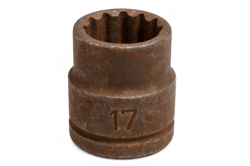 Rusty 17mm impact socket wrench for heavy duty mechanic work, isolated on transparent background