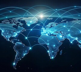 lobal network connection over the world. Internet New Best Concept of global business.World map with glowing lines on dark background. Network and communication show concept. 3D Rendering	