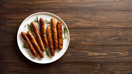 Plate with delicious grilled thin sausages on brown wooden backg