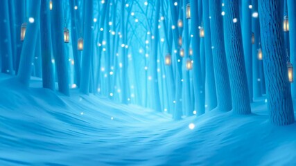 Serene winter forest scene illuminated by soft glowing lanterns, creating a dreamlike atmosphere with snow-dusted branches and ethereal blue-tinted landscape. Magical woodland pathway loop - Powered by Adobe