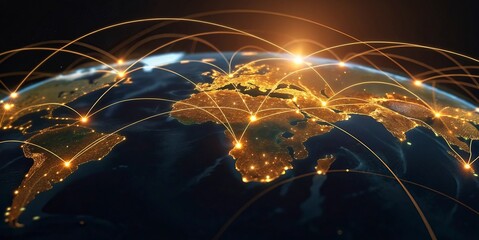 lobal network connection over the world. Internet New Best Concept of global business.World map with glowing lines on dark background. Network and communication show concept. 3D Rendering	