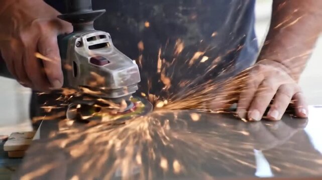 Person grinding a reflective surface with an angle grinder creating sparks