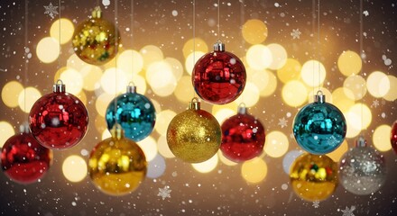 Festive Christmas Ornaments Hanging with Bokeh Lights and Snowflakes for Holiday Season