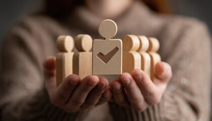 Woman Holding Wooden Figure With Check Mark: Recruitment, Solution, Resource, Search, Assessment, Contact, Employment, Executive, Group, Hiring.
