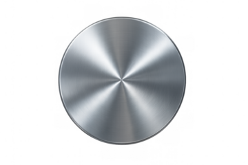 Brushed stainless steel metal disc on transparent background, reflecting light and creating radial texture