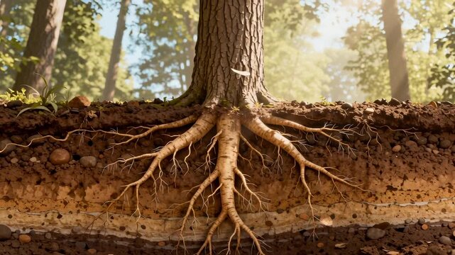 Detailed cross-section of tree roots spreading through multi-layered soil, revealing intricate underground network with sunlight filtering through forest background