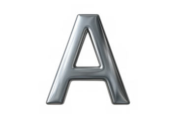 Silver metallic letter a character, rendering shiny chrome capital alphabet typography on transparent background