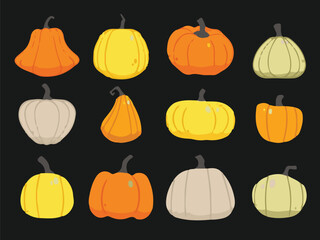 Twelve stylized pumpkins of varying shapes and colors are arranged in a grid pattern against a dark background.