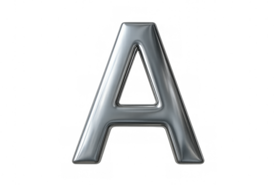Silver metallic letter a character, rendering shiny chrome capital alphabet typography on transparent background