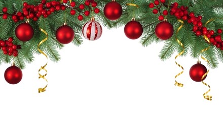 Festive Christmas border design with red ornaments and green fir branches on white background