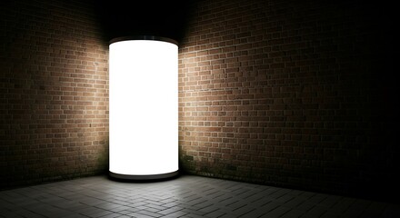 Bright cylindrical light fixture illuminates a brick wall corner at night