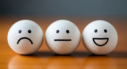 Three white balls with different facial expressions representing emotions sad, neutral, and happy