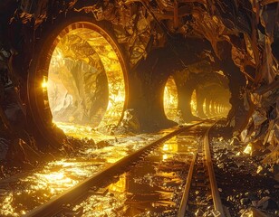 A tunnel with train tracks, illuminated by glowing, circular openings