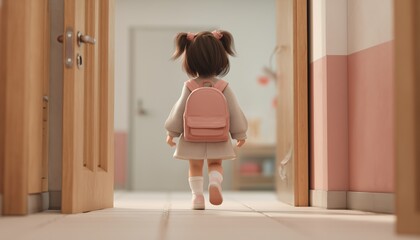 Little Girl Embarks On Her First Day Of School By Entering The Classroom Full Of Anticipation And Excitement. Start Of The School Year.