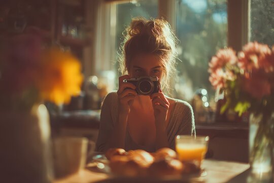 Young woman holding a retro camera, capturing a warm moment at home.