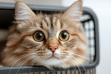 Curious gaze of a tabby cat peering out from its carrier. The animal's expressive eyes capture its inquisitive nature within the confined space. Cutie in a box!