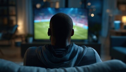 Unrecognizable Biracial Man Watching Soccer Game On Tv In Living Room, Sitting On Sofa With Copy Space In Back View.