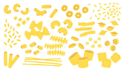 Italian pasta shapes on white background, bright yellow assortment, vector illustration suitable for cooking, food projects, and culinary design