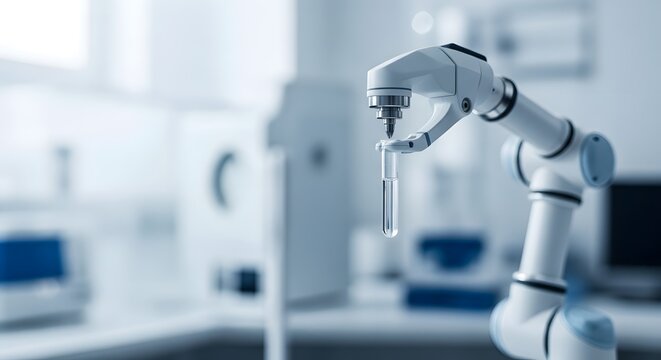 Robotic Arm Holding Test Tube in Pharmaceutical Laboratory Automation