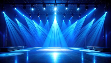 Empty stage bathed in blue light, spotlights, and theatrical ambiance