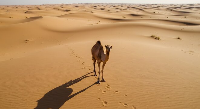 Lone camel walks across sand dunes casting long shadow in desert landscape at sunrise