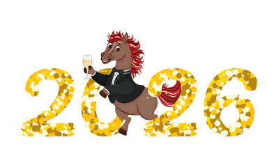 Festive Cartoon Horse Wearing Tuxedo Celebrating New Year 2026 with Champagne Glass
