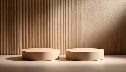 two round beige podiums on textured wall
