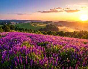 Fototapeta premium A vibrant sunset casts golden light over a blooming field of purple flowers
