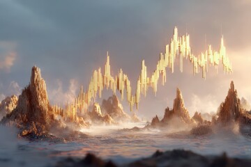 Dynamic golden data graph floats above a foggy, abstract digital landscape.