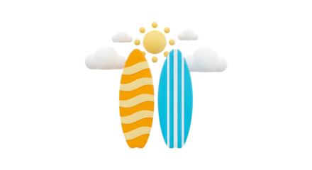 Two colorful surfboards standing upright with a cartoon sun and clouds above isolated on transparent background