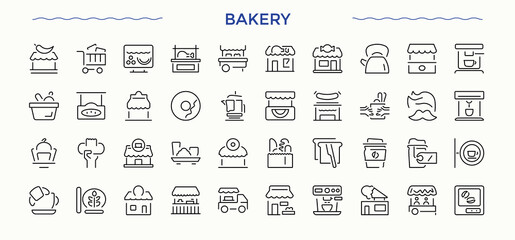 Bakery linear icon set. Minimalist icons collection. Editable stroke. Vector collection. Food icon set. Contain linear sign kitchen, cook, cake, sweet and more.